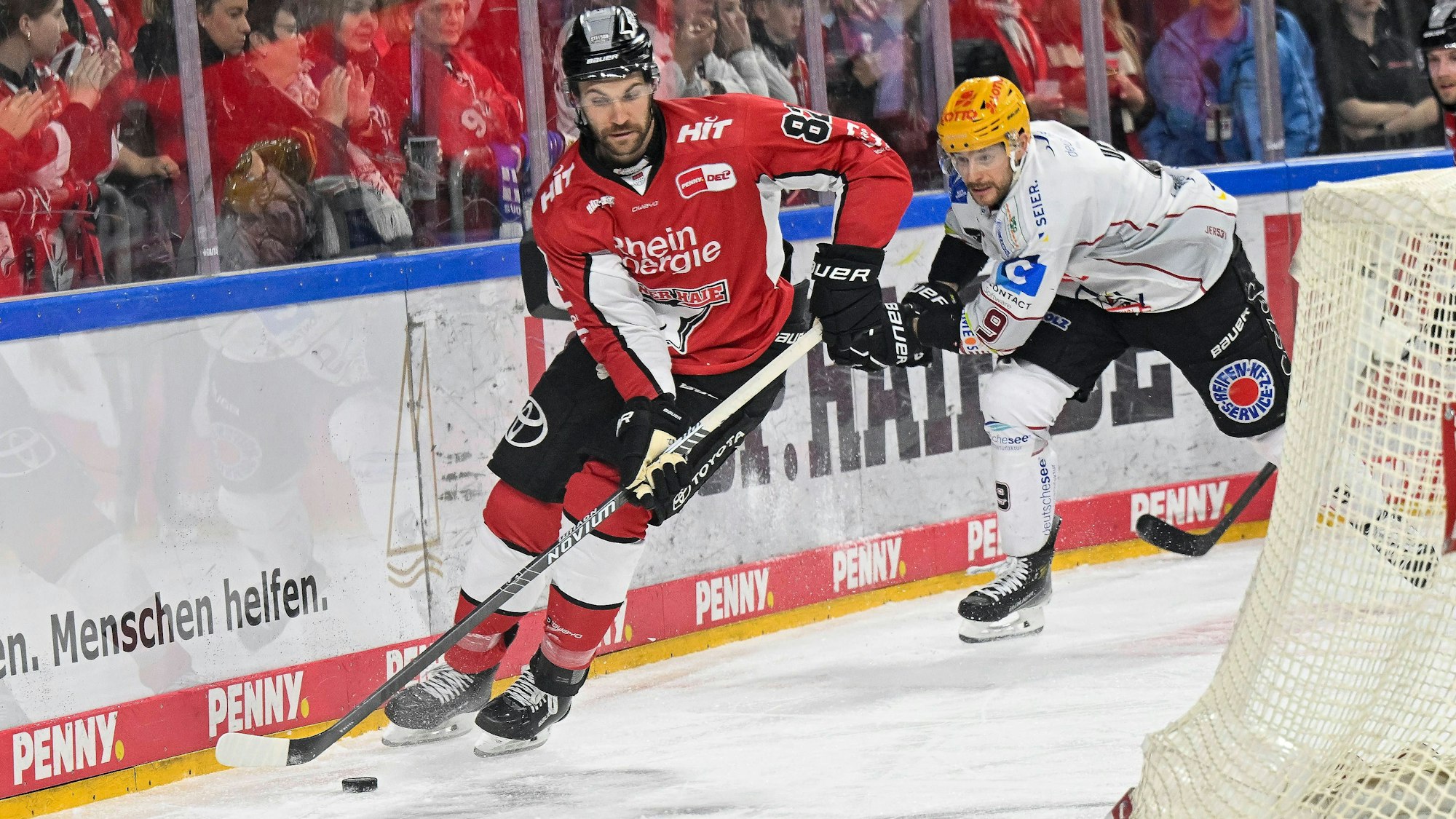 Alexandre Grenier im Playoff-Spiel der Kölner Haie gegen Bremerhaven mit dem Puck am Schläger.