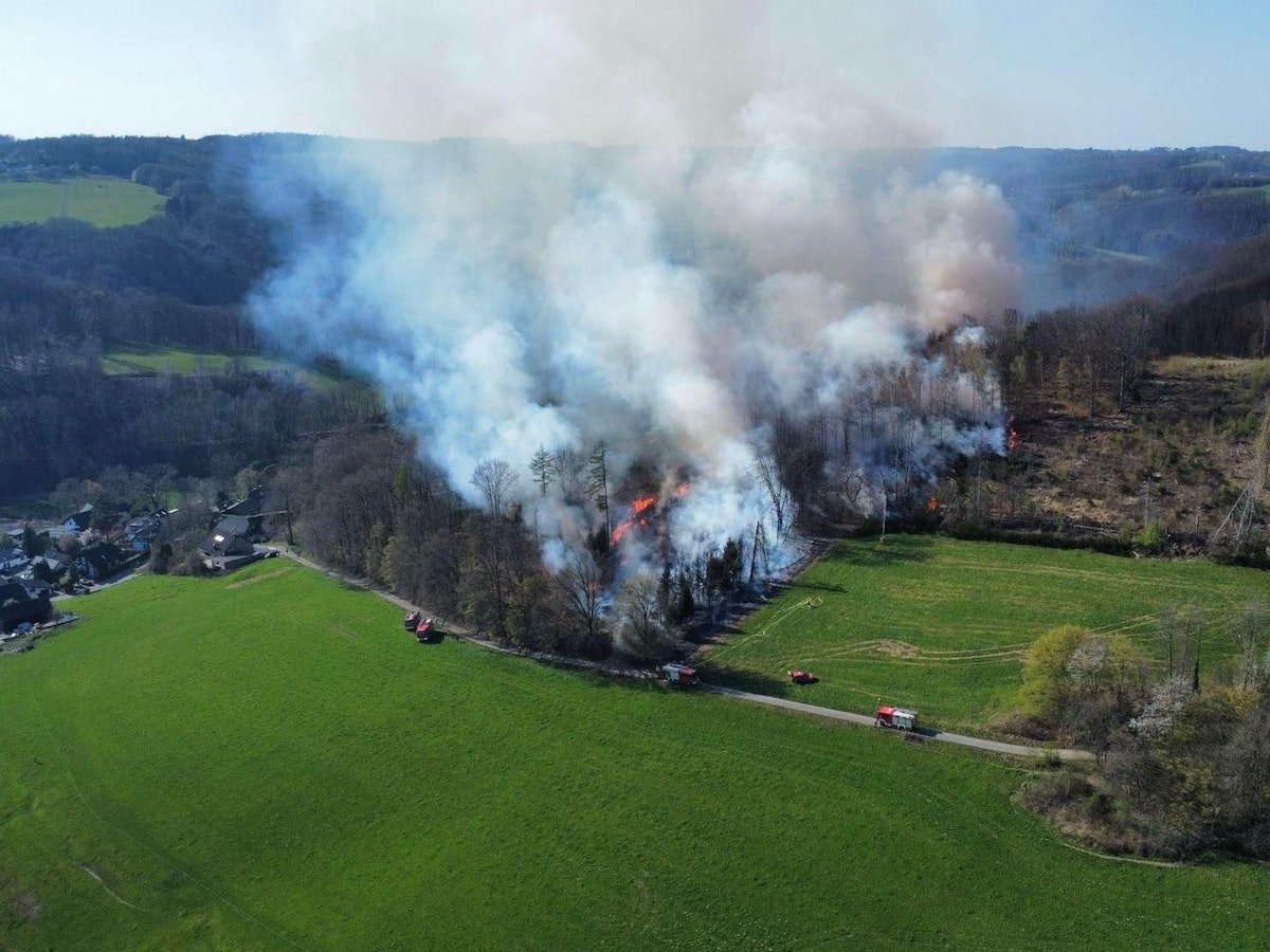 Das Foto der Freiwilligen Feuerwehr Overath zeigt die Dimensionen des Waldbrandes, der am Freitag (4. April 2025) mithilfe der Kölner Feuerwehr gelöscht werden konnte.