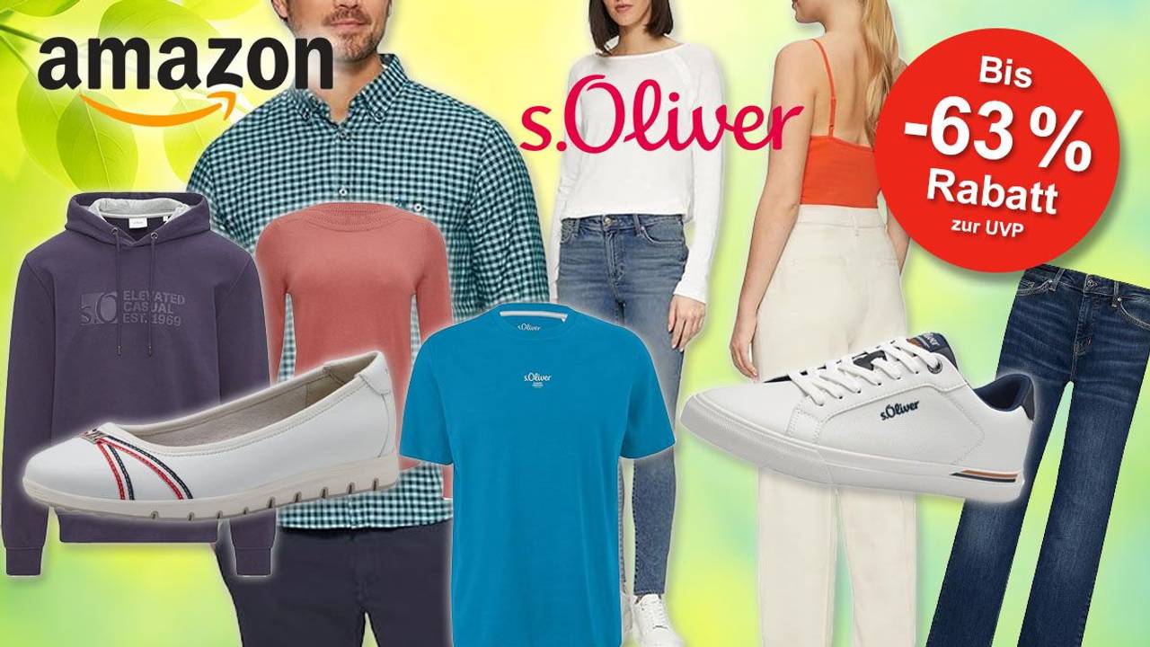 s.Oliver Mode wie Kleidung, Shirts, Jeans und Schuhe, getragen von männlichen und weiblichen Models.