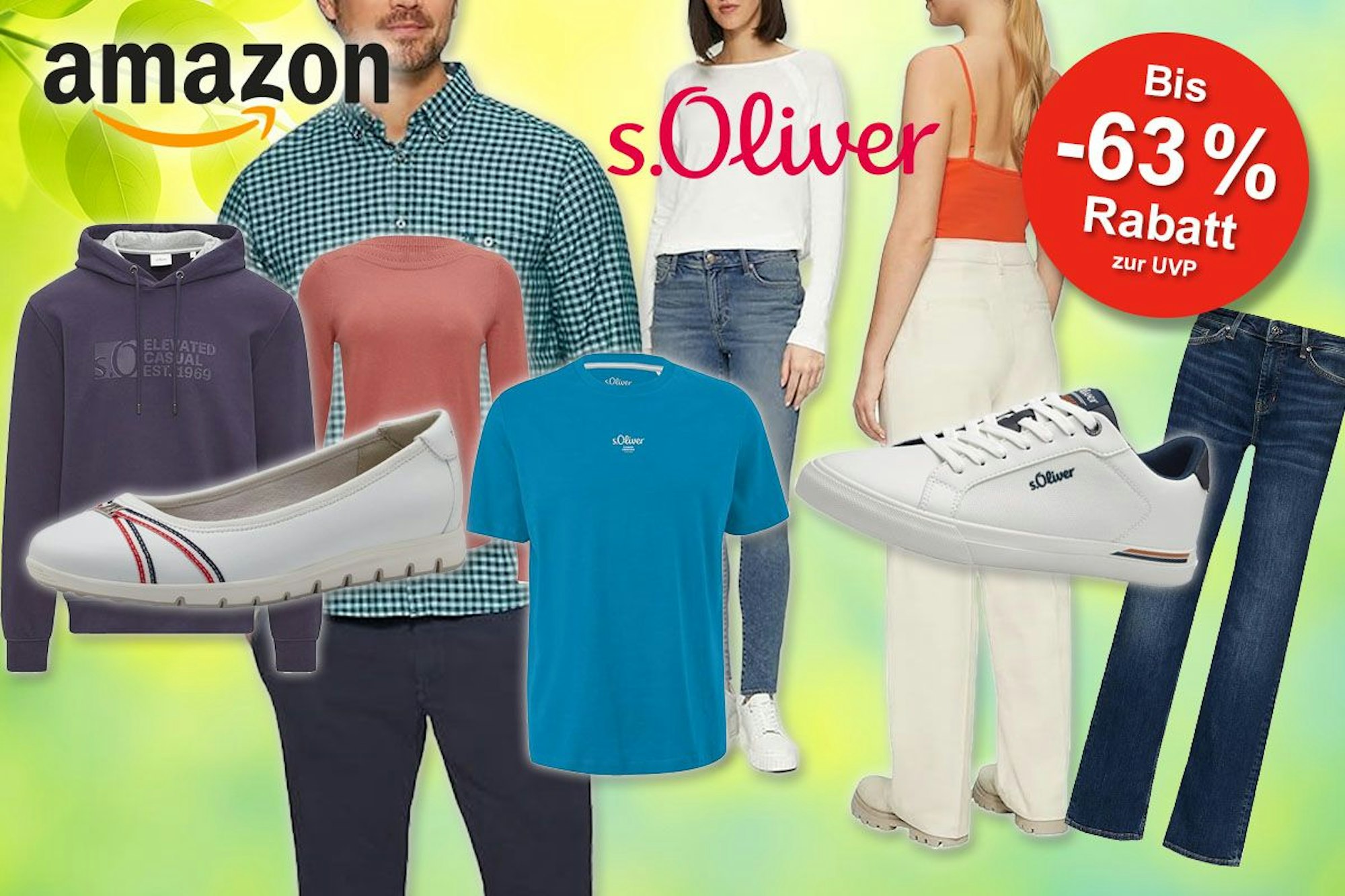 s.Oliver Mode wie Kleidung, Shirts, Jeans und Schuhe, getragen von männlichen und weiblichen Models.