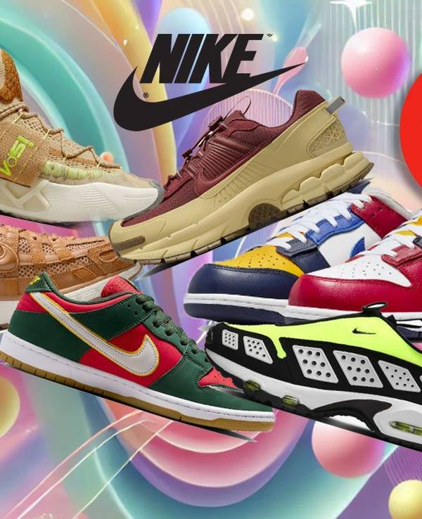 Unterschiedliche Modelle und Varianten von Nike Sneaker vor einem farbenfrohen Hintergrund mit abstrakten und geometrischen Formen.