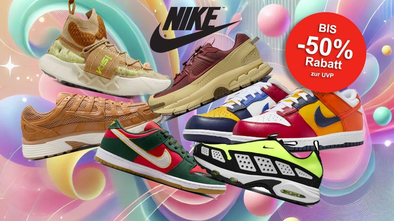 Unterschiedliche Modelle und Varianten von Nike Sneaker vor einem farbenfrohen Hintergrund mit abstrakten und geometrischen Formen.