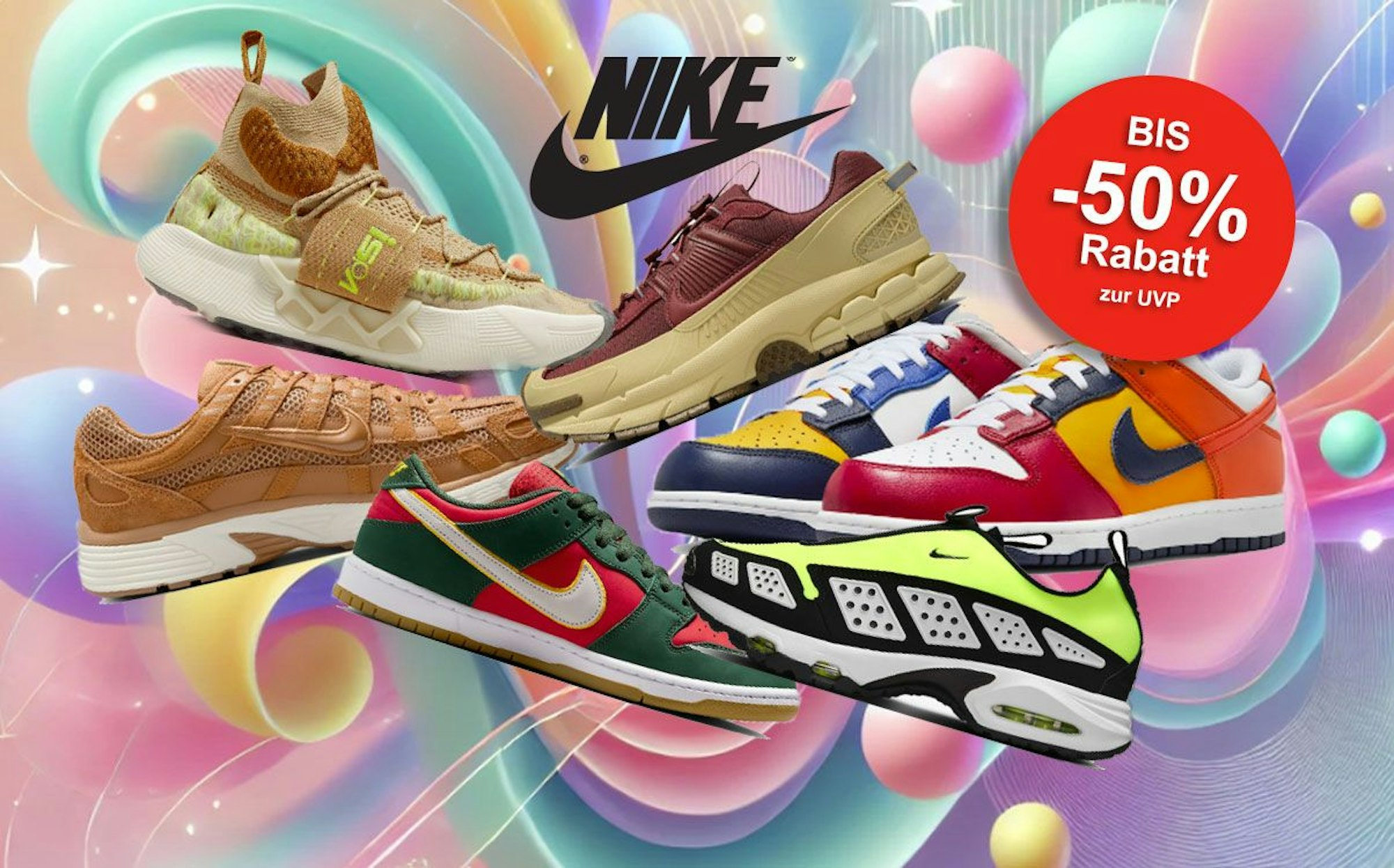 Unterschiedliche Modelle und Varianten von Nike Sneaker vor einem farbenfrohen Hintergrund mit abstrakten und geometrischen Formen.