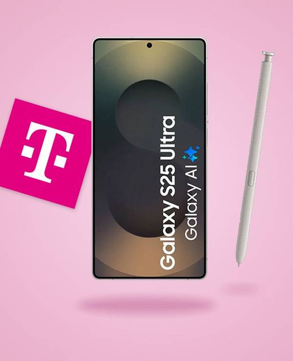 Samsung Galaxy S25 Ultra mit Telekom Logo vor einem rosa Hintergund.