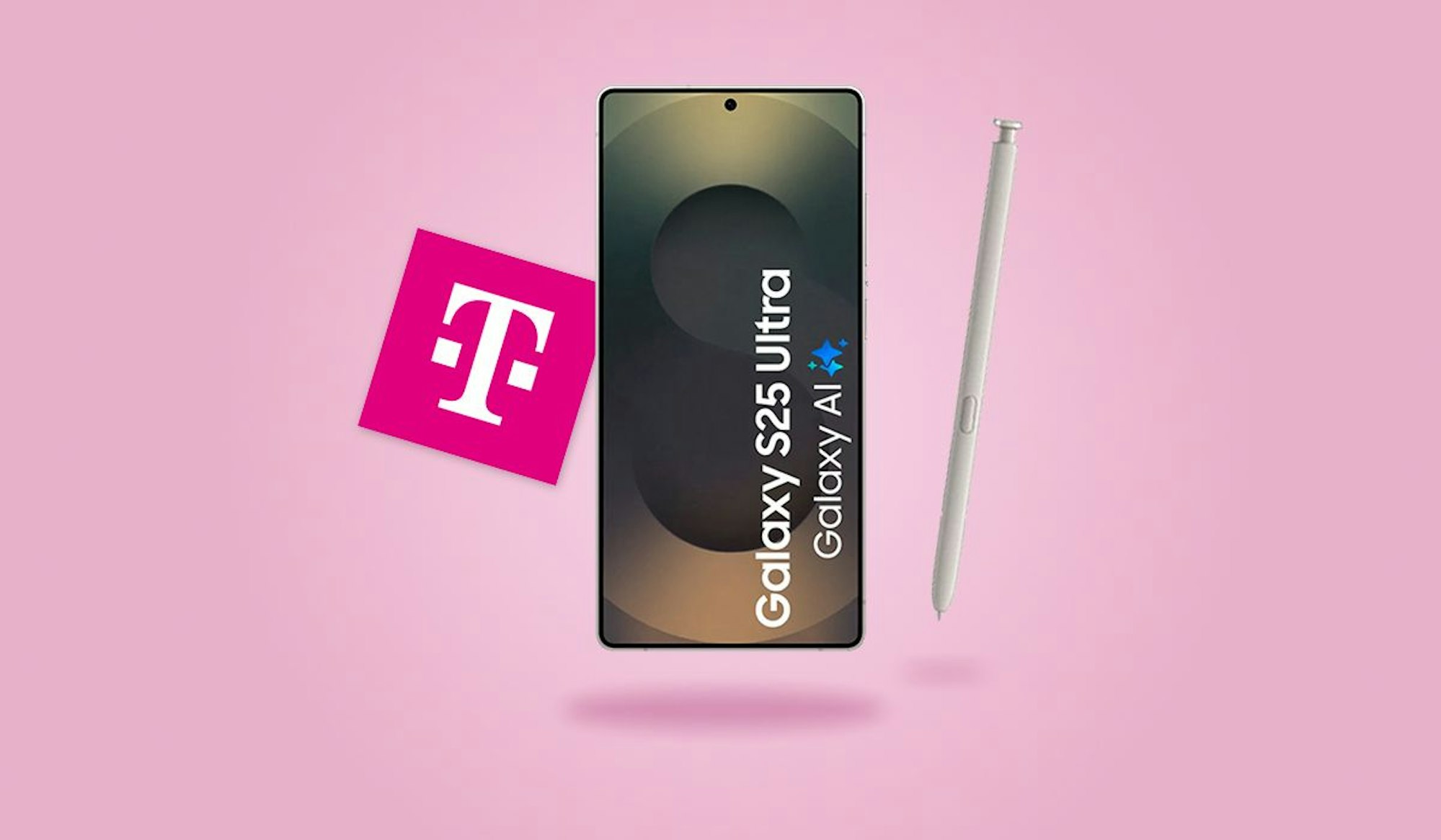 Samsung Galaxy S25 Ultra mit Telekom Logo vor einem rosa Hintergund.