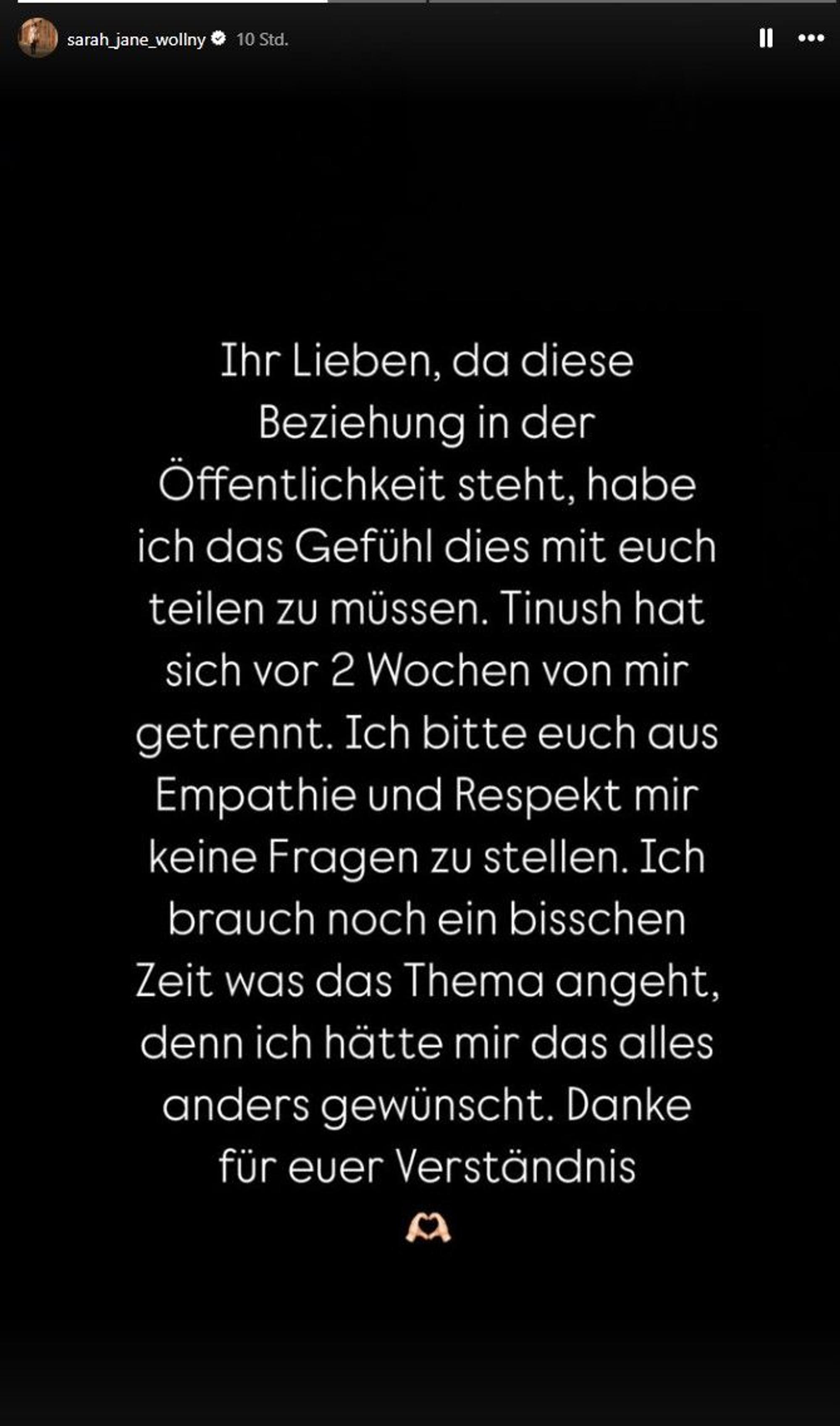 Mit diesen Worten gab Sarah-Jane Wollny ihre Trennung von Tinush bekannt.