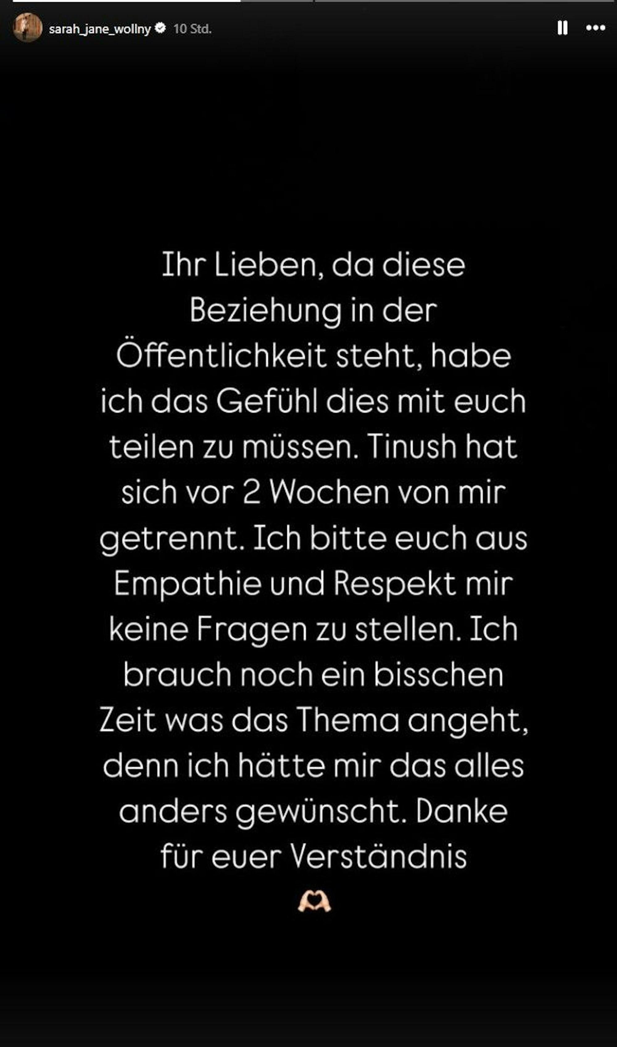 Mit diesen Worten gab Sarah-Jane Wollny ihre Trennung von Tinush bekannt.