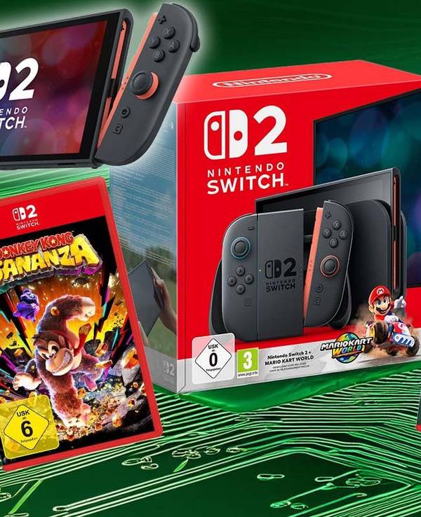 Nintendo Switch 2 Konsole und Games, die zum Start mit verfügbar sein werden: Mario Kart World, Donkey Kong Bananza, The Legend of Zelda: Tears of the Kingdom. Im Hintergrund grün eingefärbte Schaltkreise.