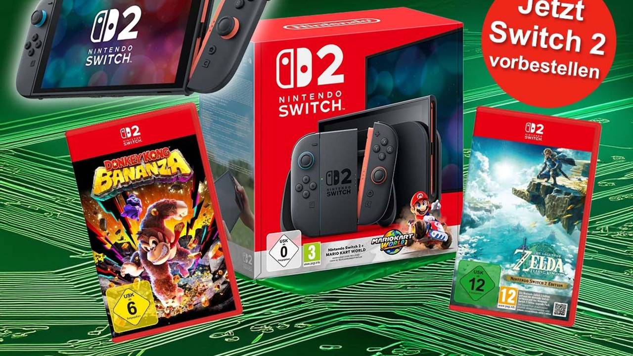 Nintendo Switch 2 Konsole und Games, die zum Start mit verfügbar sein werden: Mario Kart World, Donkey Kong Bananza, The Legend of Zelda: Tears of the Kingdom. Im Hintergrund grün eingefärbte Schaltkreise.