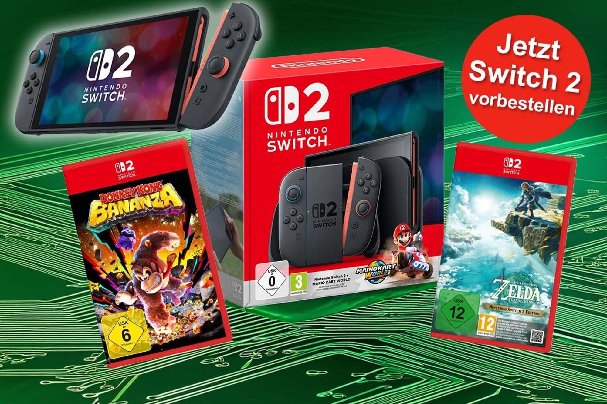 Nintendo Switch 2 Konsole und Games, die zum Start mit verfügbar sein werden: Mario Kart World, Donkey Kong Bananza, The Legend of Zelda: Tears of the Kingdom. Im Hintergrund grün eingefärbte Schaltkreise.