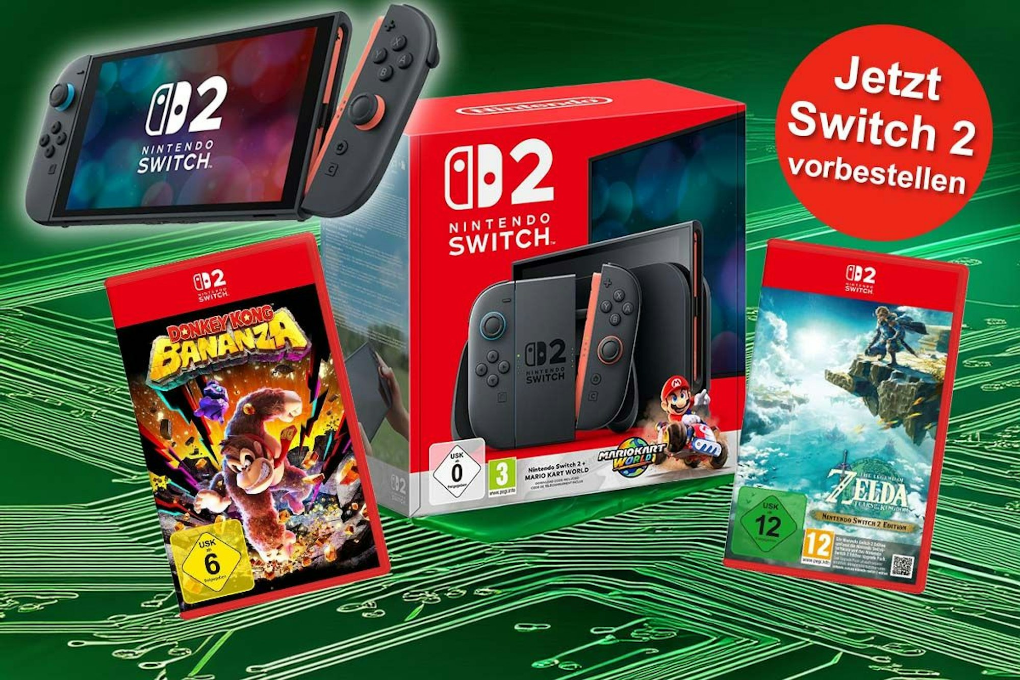 Nintendo Switch 2 Konsole und Games, die zum Start mit verfügbar sein werden: Mario Kart World, Donkey Kong Bananza, The Legend of Zelda: Tears of the Kingdom. Im Hintergrund grün eingefärbte Schaltkreise.