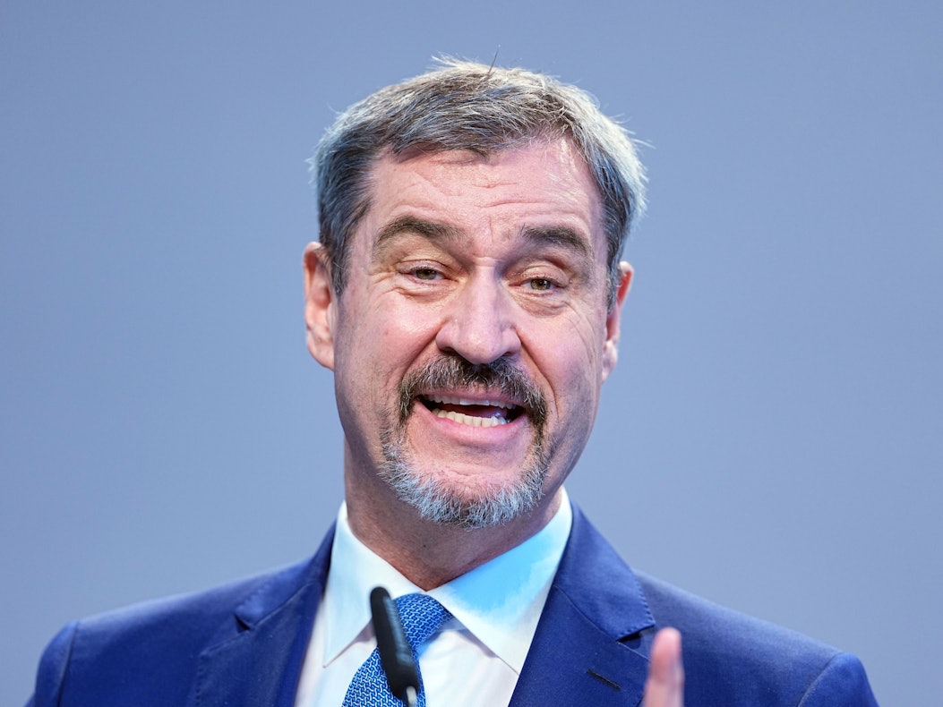 Markus Söder, Ministerpräsident von Bayern und CSU-Vorsitzender, spricht am 9. April 2024 bei einer Pressekonferenz der Parteivorsitzenden von Union und SPD zur Vorstellung des Koalitionsvertrages im Paul-Löbe-Haus.