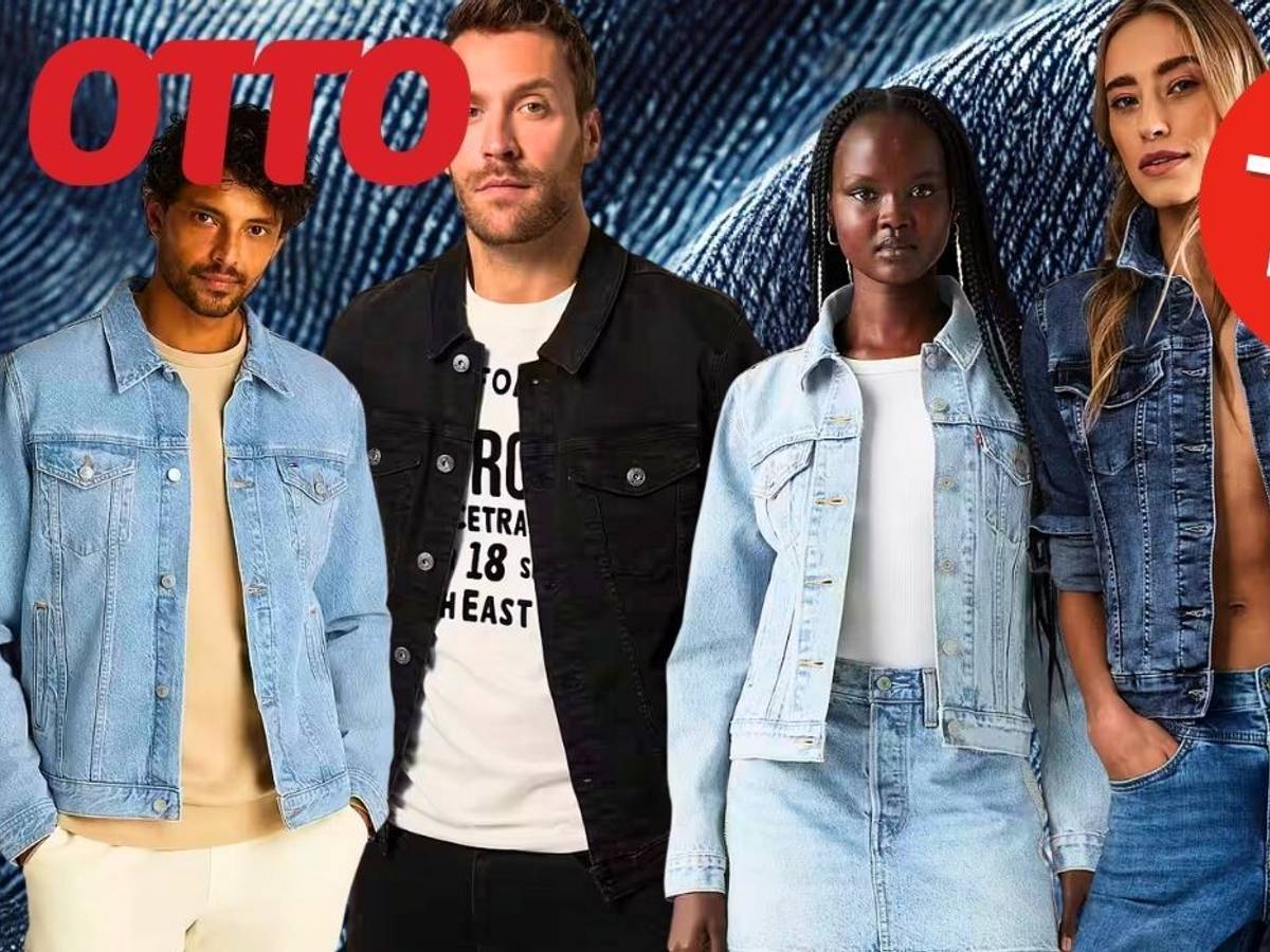 Vier Models in stylischer Jeansmode vor einem Hintergrund in Denim-Optik.
