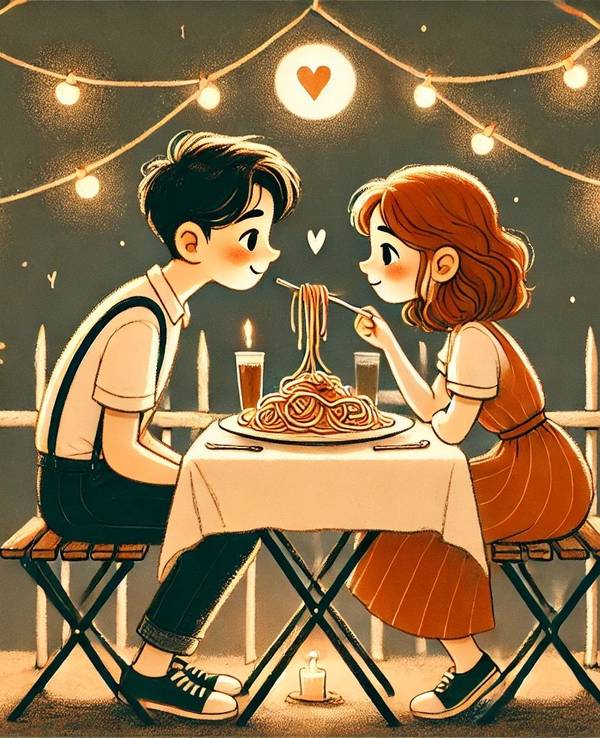 Mädchen und Junge sitzen verliebt am Restauranttisch und essen von einem Teller Spaghetti. Bild im Comic Stil.