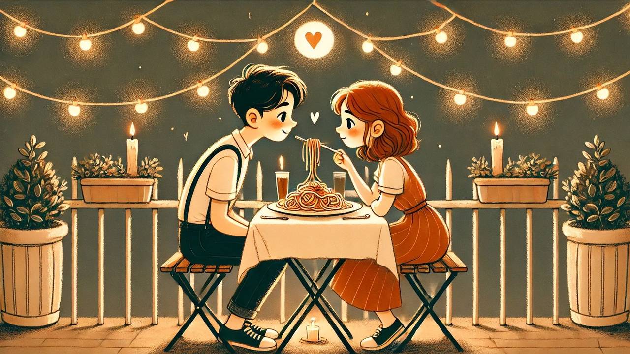 Mädchen und Junge sitzen verliebt am Restauranttisch und essen von einem Teller Spaghetti. Bild im Comic Stil.