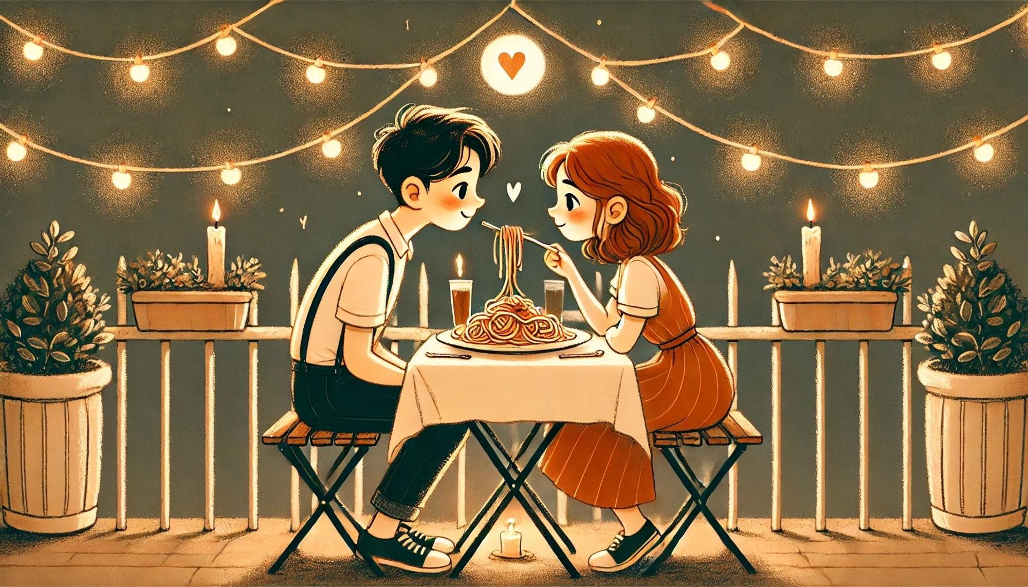 Mädchen und Junge sitzen verliebt am Restauranttisch und essen von einem Teller Spaghetti. Bild im Comic Stil.