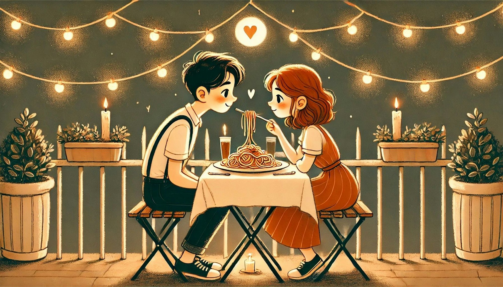 Mädchen und Junge sitzen verliebt am Restauranttisch und essen von einem Teller Spaghetti. Bild im Comic Stil.