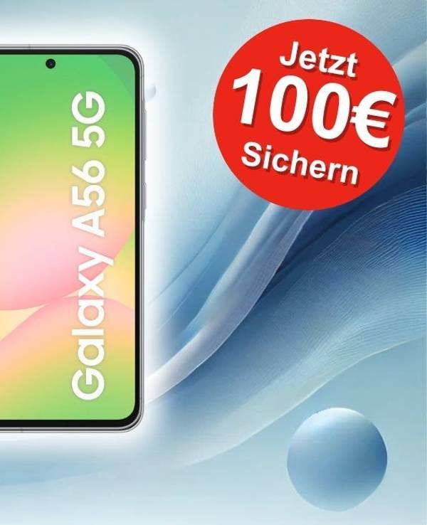 Eine Werbegrafik für das Samsung Galaxy A56 5G mit einem auffälligen roten Button, der auf einen 100 €-Rabatt hinweist. Im Hintergrund ist ein abstraktes, blaues Wellenmuster zu sehen, das dem Bild einen modernen, technischen Look verleiht.