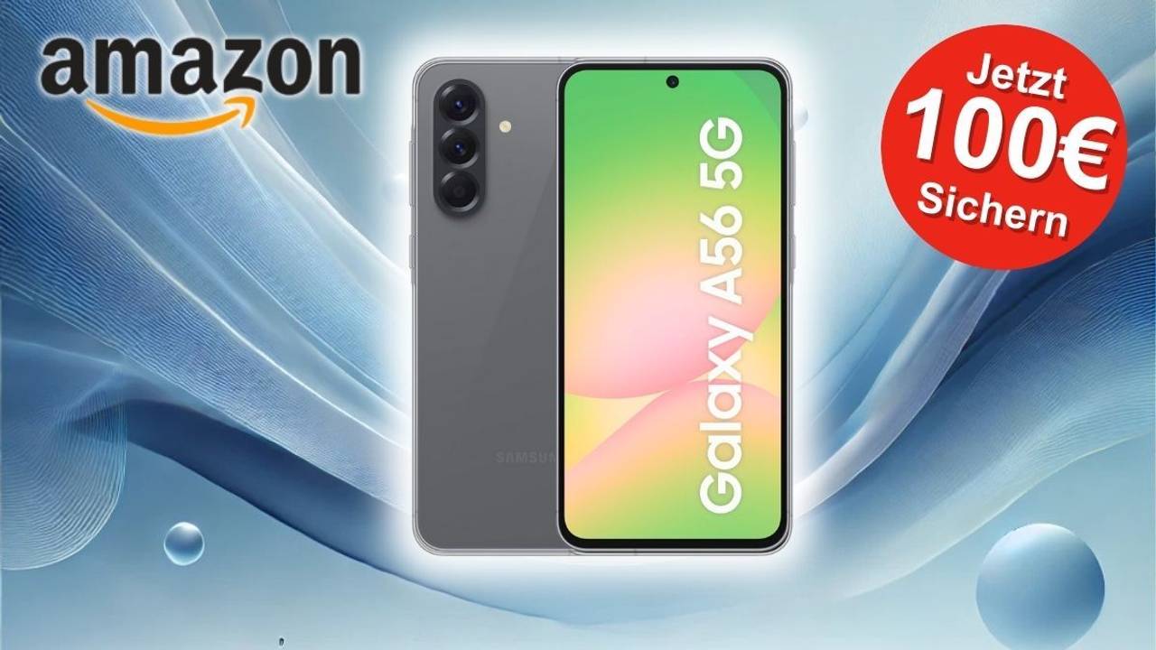 Eine Werbegrafik für das Samsung Galaxy A56 5G mit einem auffälligen roten Button, der auf einen 100 €-Rabatt hinweist. Im Hintergrund ist ein abstraktes, blaues Wellenmuster zu sehen, das dem Bild einen modernen, technischen Look verleiht.