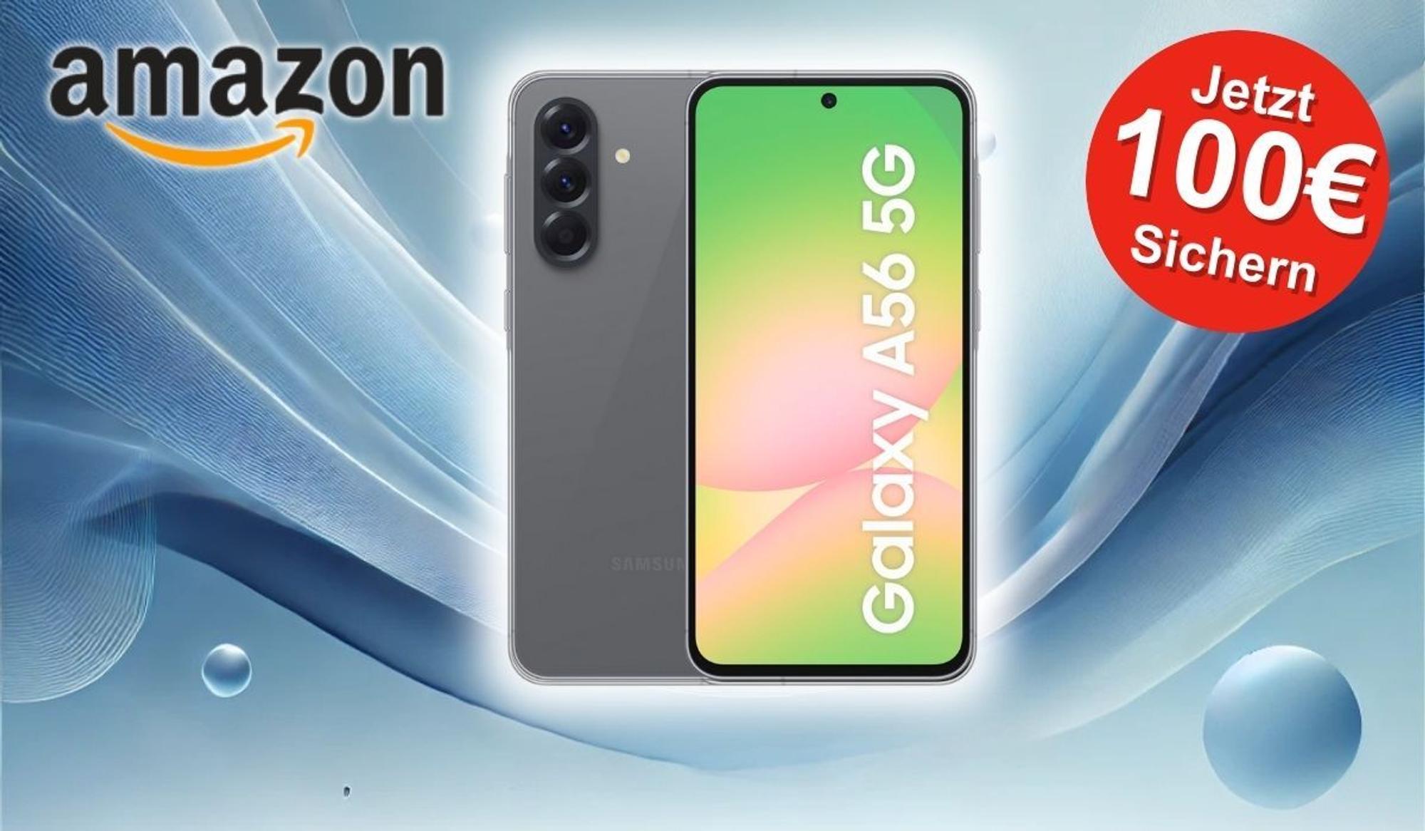 Eine Werbegrafik für das Samsung Galaxy A56 5G mit einem auffälligen roten Button, der auf einen 100 €-Rabatt hinweist. Im Hintergrund ist ein abstraktes, blaues Wellenmuster zu sehen, das dem Bild einen modernen, technischen Look verleiht.