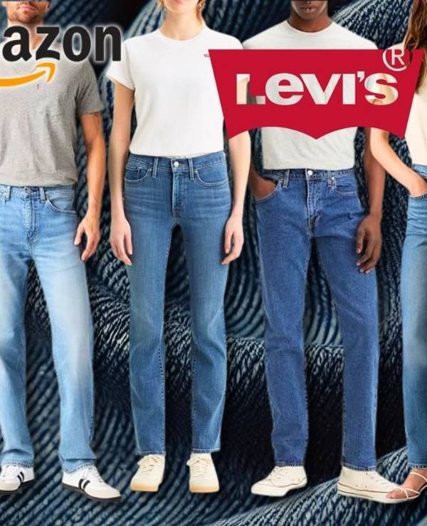 Levi's Jeans getragen von Models vor einem Hintergrund mit Levi's Logo und Jeansstoff.