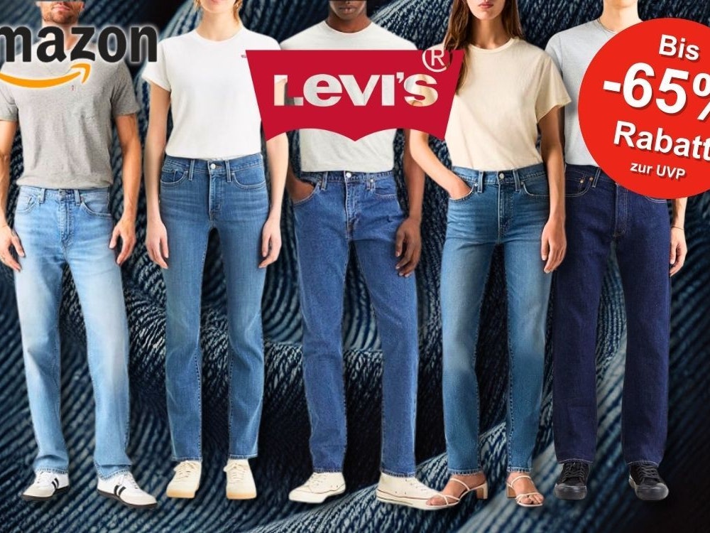 Levi's Jeans getragen von Models vor einem Hintergrund mit Levi's Logo und Jeansstoff.
