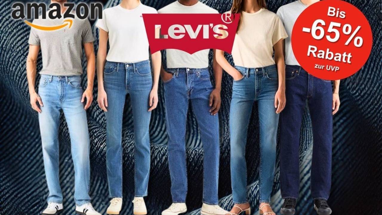 Levi's Jeans getragen von Models vor einem Hintergrund mit Levi's Logo und Jeansstoff.