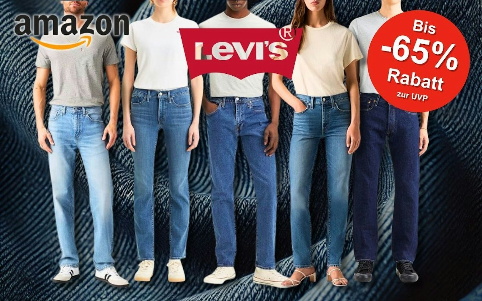 Levi's Jeans getragen von Models vor einem Hintergrund mit Levi's Logo und Jeansstoff.