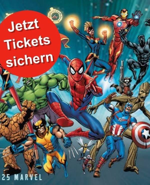 Zahlreiche bekannte Marvel-Superhelden wie Spider-Man, Iron Man, Hulk und Captain America in actiongeladener Pose vor einem galaktischen Hintergrund.