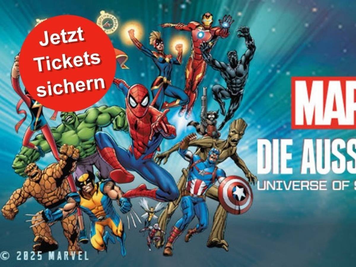 Zahlreiche bekannte Marvel-Superhelden wie Spider-Man, Iron Man, Hulk und Captain America in actiongeladener Pose vor einem galaktischen Hintergrund.