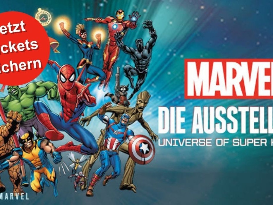 Zahlreiche bekannte Marvel-Superhelden wie Spider-Man, Iron Man, Hulk und Captain America in actiongeladener Pose vor einem galaktischen Hintergrund.