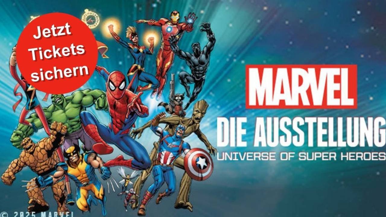 Zahlreiche bekannte Marvel-Superhelden wie Spider-Man, Iron Man, Hulk und Captain America in actiongeladener Pose vor einem galaktischen Hintergrund.
