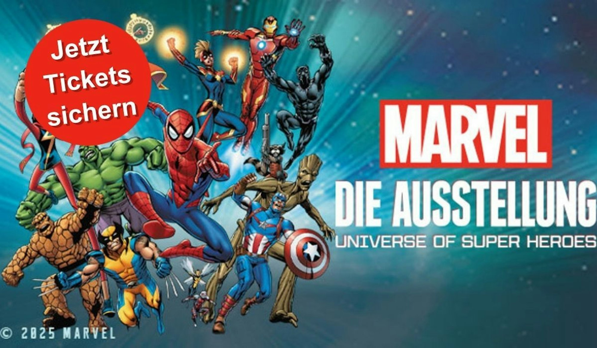 Zahlreiche bekannte Marvel-Superhelden wie Spider-Man, Iron Man, Hulk und Captain America in actiongeladener Pose vor einem galaktischen Hintergrund.