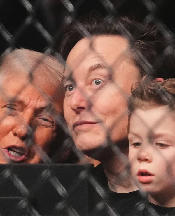 US-Präsident Donald Trump, Elon Musk und sein Sohn X Æ A-Xii besuchen am 12. April 2025 (Ortszeit) einen Mixed Martial Arts-Kampf bei UFC 314 Ultimate Fighting Championship in Miami.
