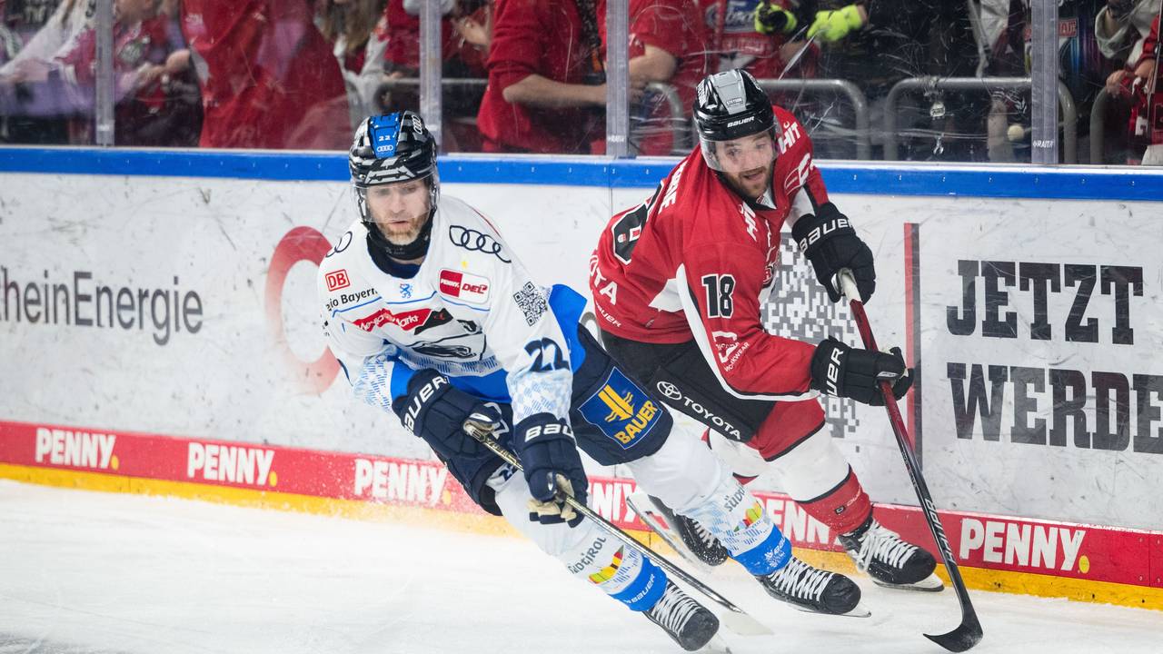 Kölns Josh Currie (r) und Ingolstadts Mathew Bodie kämpfen um den Puck.