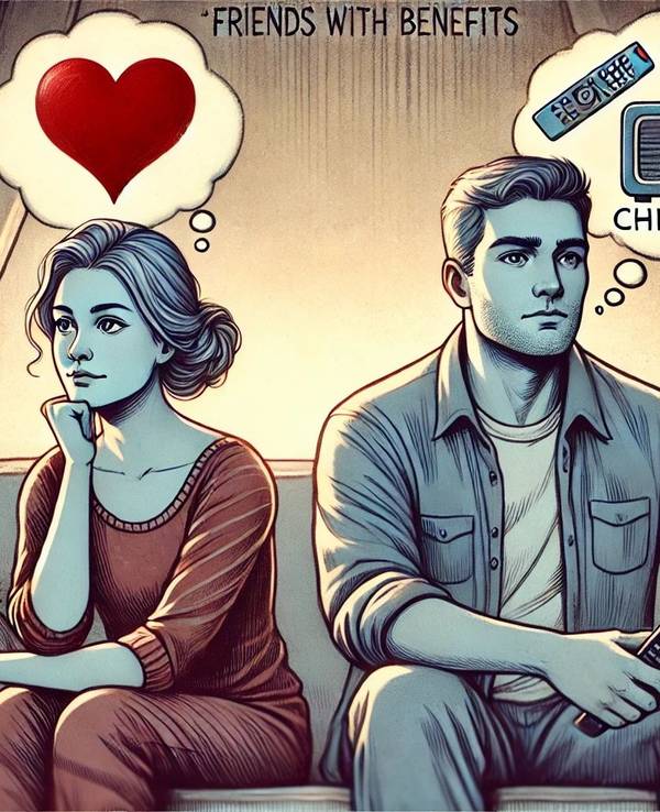Comic-Stil: Mann und Frau sitzen auf Couch mit Gedanken über dem Kopf., ob Liebe oder Spaß.