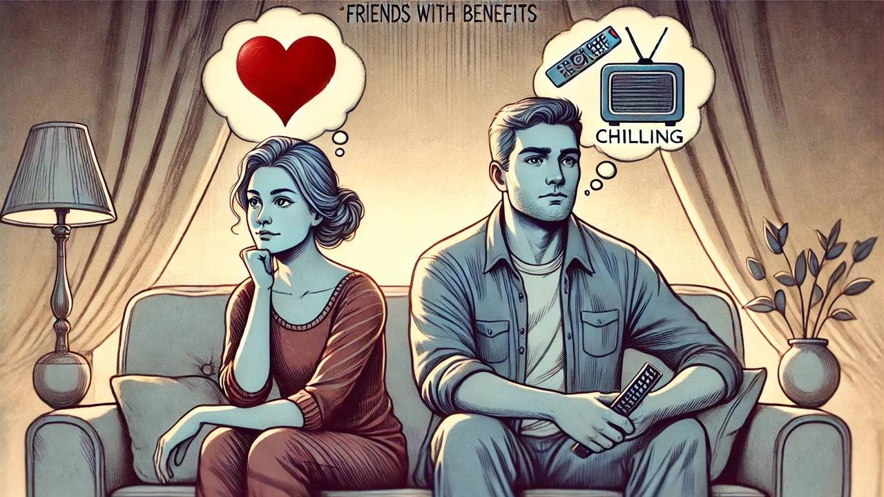Comic-Stil: Mann und Frau sitzen auf Couch mit Gedanken über dem Kopf., ob Liebe oder Spaß.