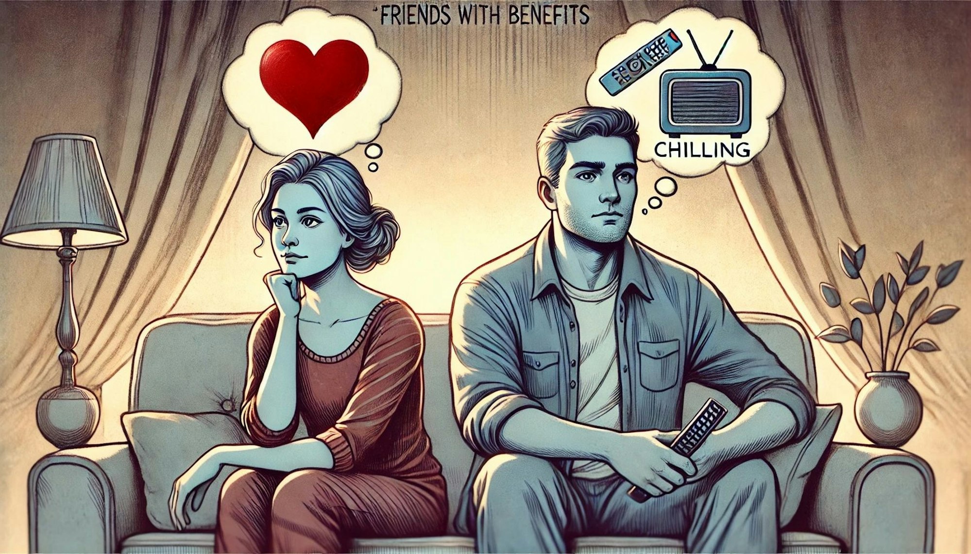Comic-Stil: Mann und Frau sitzen auf Couch mit Gedanken über dem Kopf., ob Liebe oder Spaß.