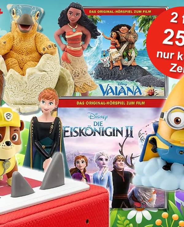 Tonies Hörspiel Figuren von Disney und Paw Patrol vor Osterwiese Hintergrund.