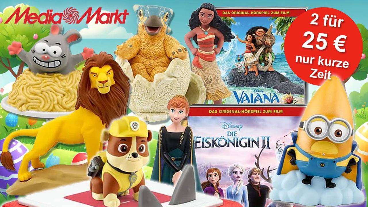 Tonies Hörspiel Figuren von Disney und Paw Patrol vor Osterwiese Hintergrund.