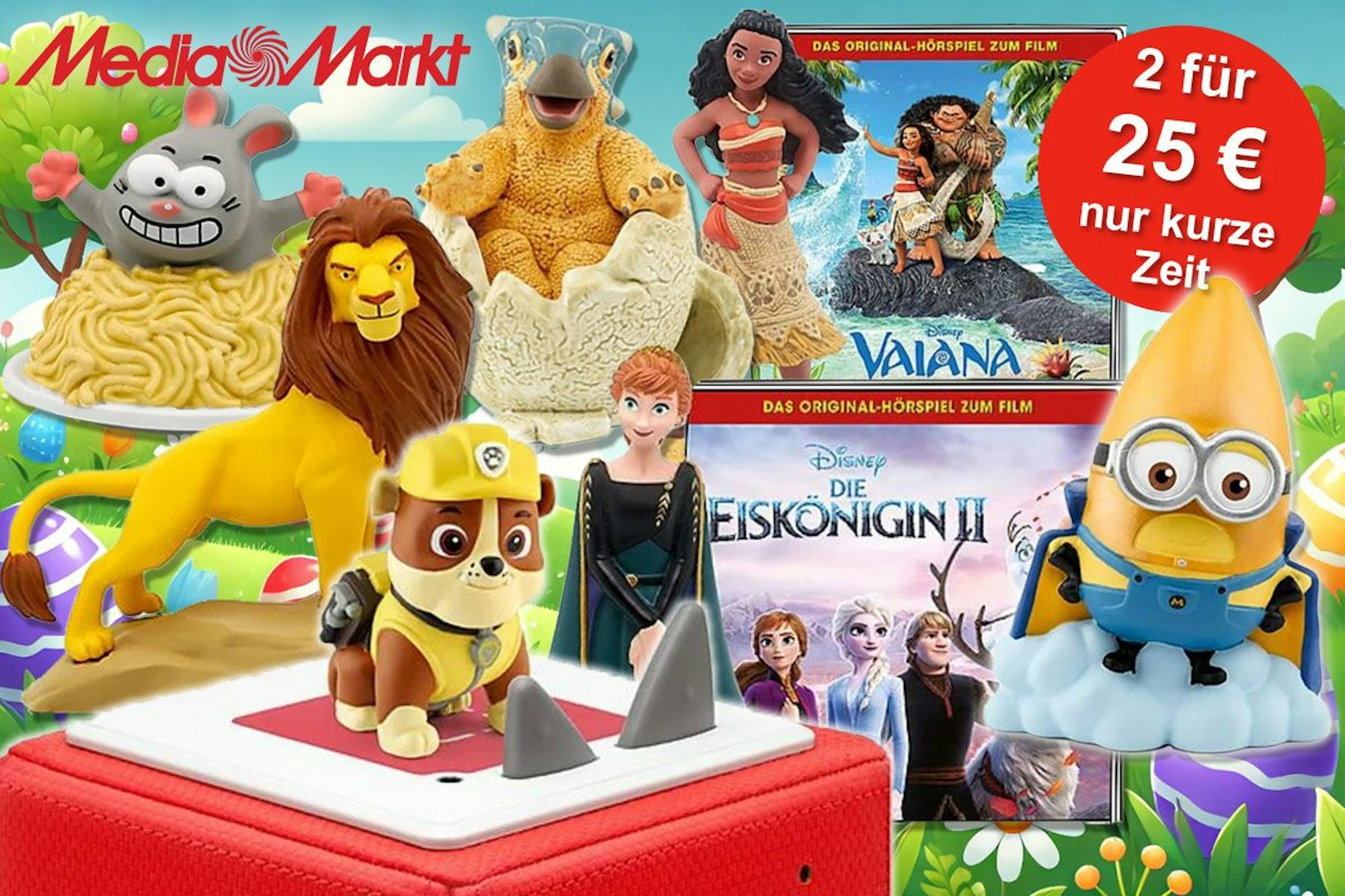 Tonies Hörspiel Figuren von Disney und Paw Patrol vor Osterwiese Hintergrund.