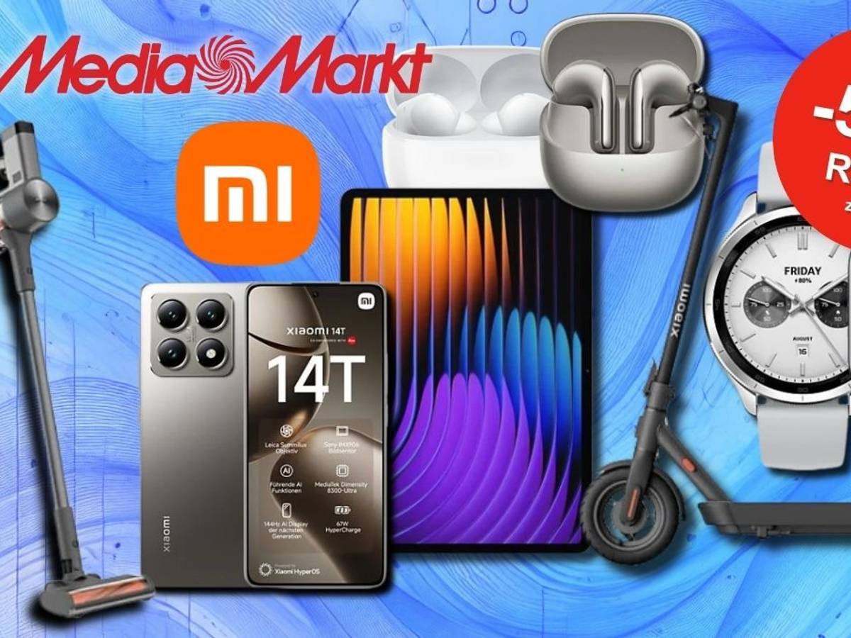 Eine Werbegrafik mit verschiedenen Xiaomi-Produkten, darunter ein Smartphone, Tablet, Kopfhörer, Smartwatch, Staubsauger und E-Scooter, vor einem abstrakten, orangefarbenen Hintergrund mit technischem Design.