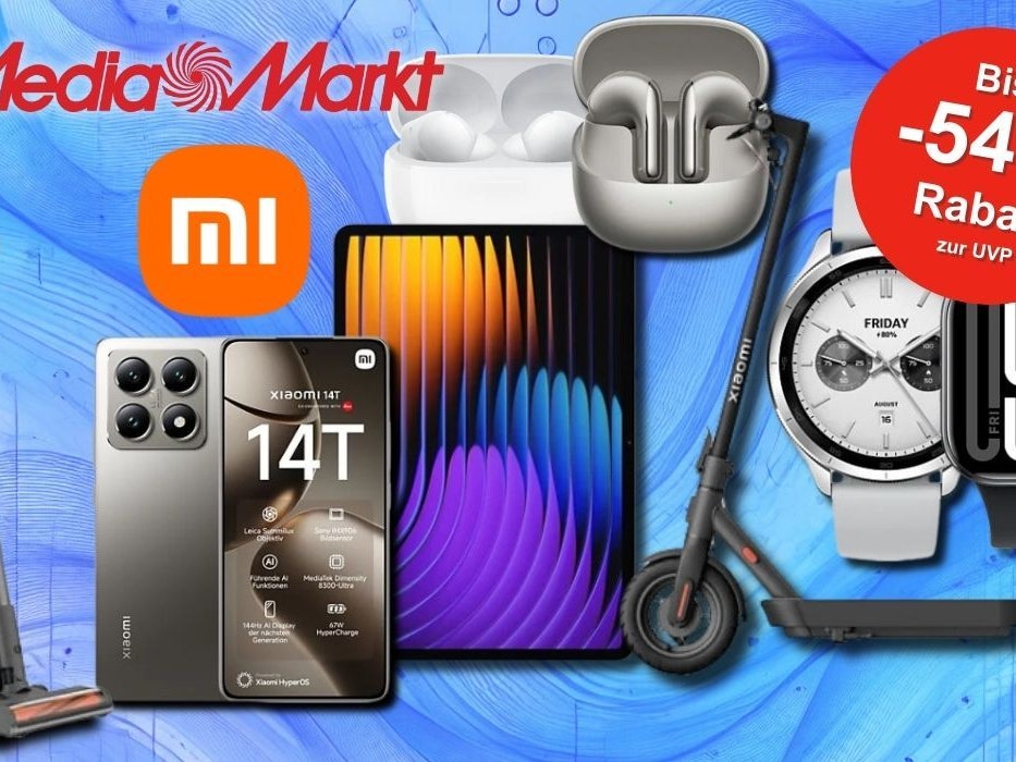 Eine Werbegrafik mit verschiedenen Xiaomi-Produkten, darunter ein Smartphone, Tablet, Kopfhörer, Smartwatch, Staubsauger und E-Scooter, vor einem abstrakten, orangefarbenen Hintergrund mit technischem Design.