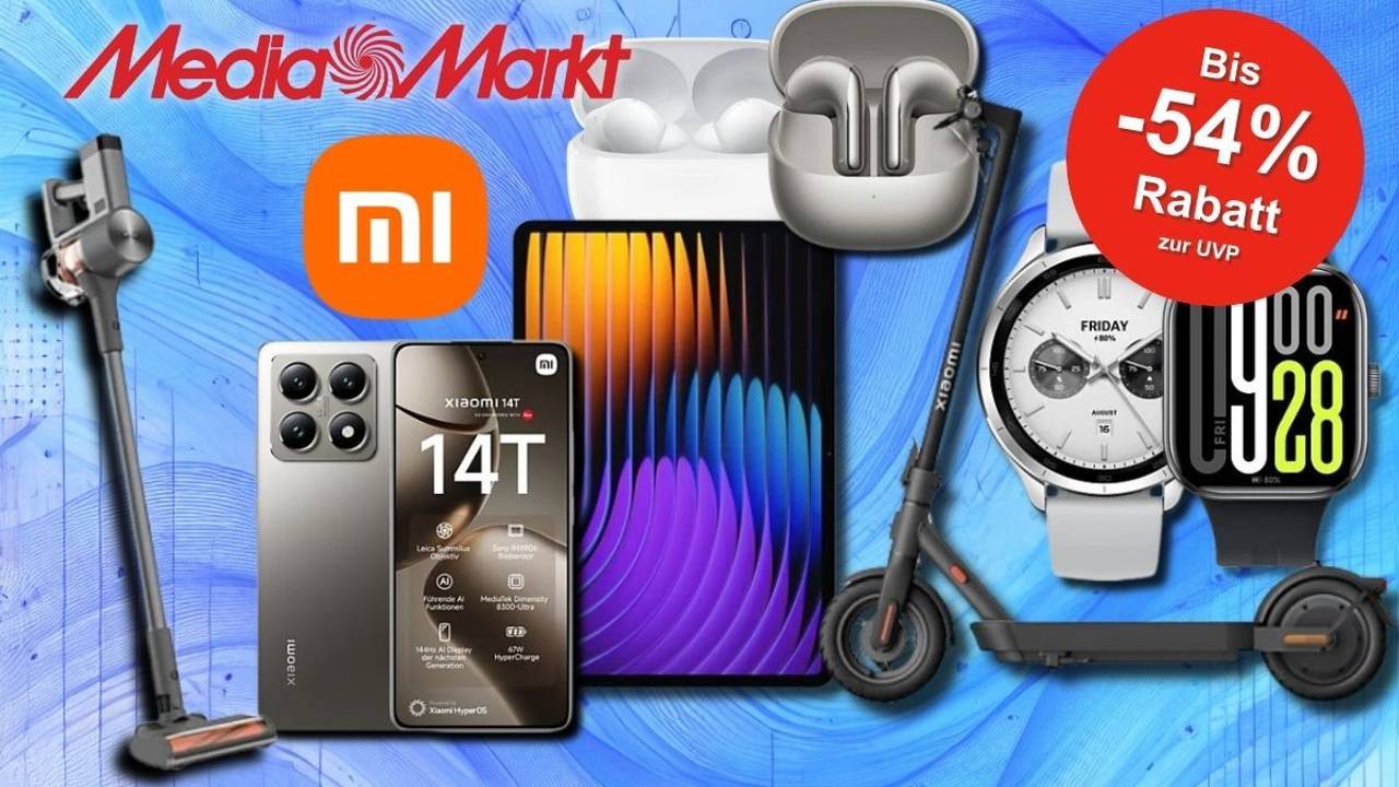 Eine Werbegrafik mit verschiedenen Xiaomi-Produkten, darunter ein Smartphone, Tablet, Kopfhörer, Smartwatch, Staubsauger und E-Scooter, vor einem abstrakten, orangefarbenen Hintergrund mit technischem Design.