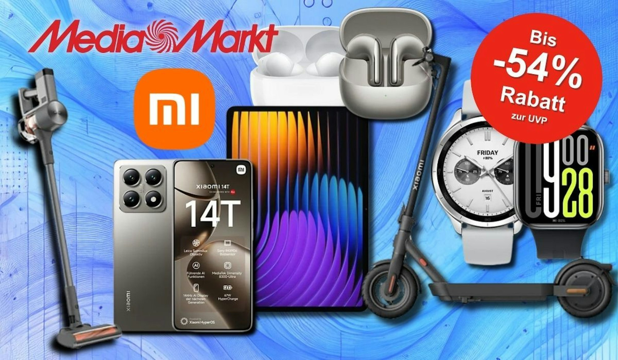 Eine Werbegrafik mit verschiedenen Xiaomi-Produkten, darunter ein Smartphone, Tablet, Kopfhörer, Smartwatch, Staubsauger und E-Scooter, vor einem abstrakten, orangefarbenen Hintergrund mit technischem Design.