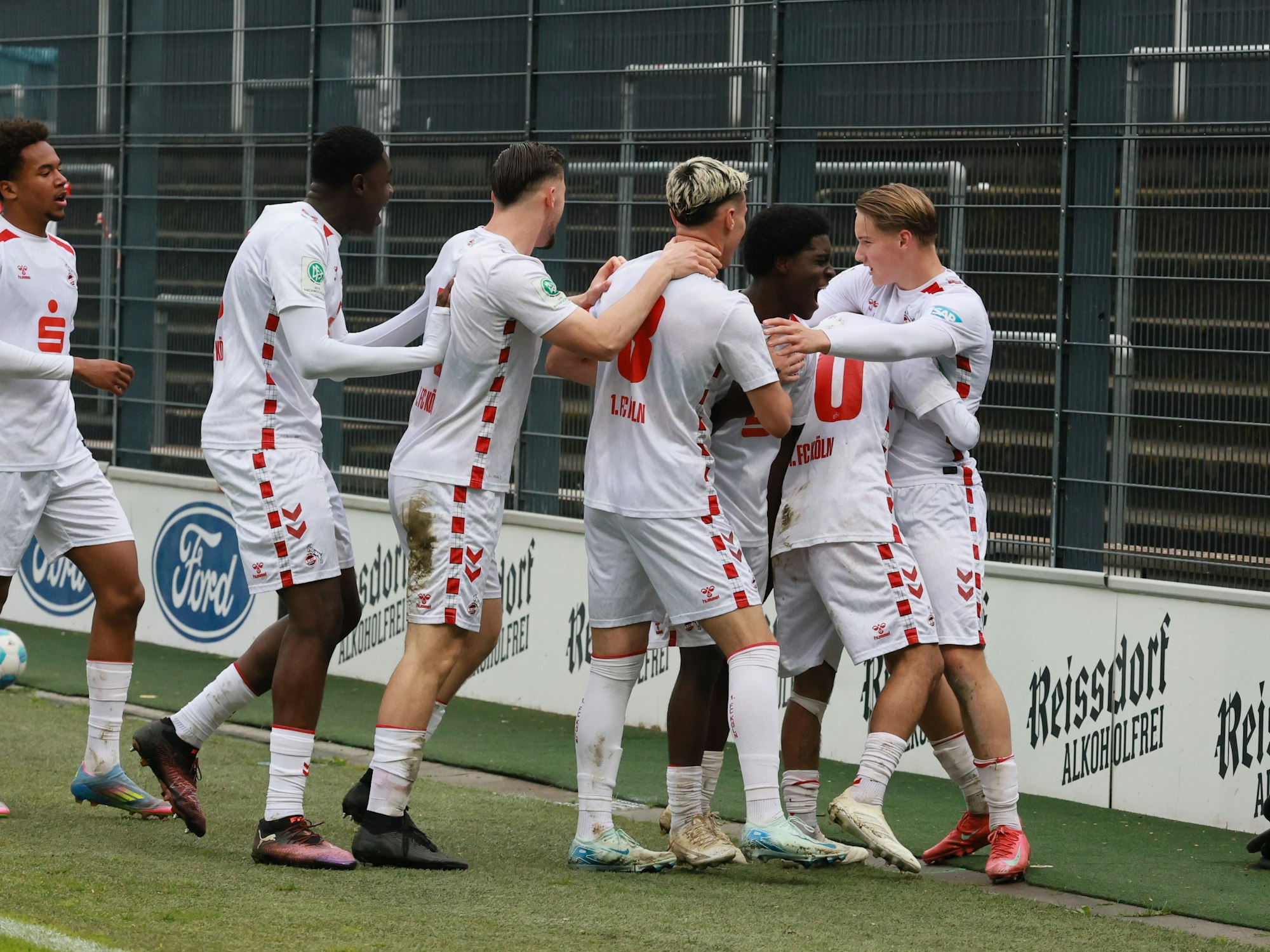 Die U19-Spieler des 1. FC Köln jubeln gemeinsam.