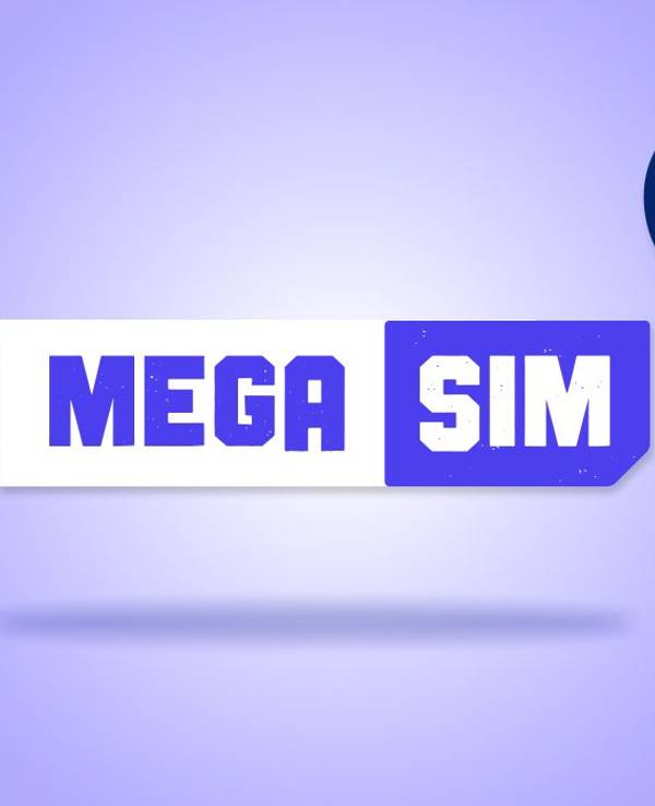 Die Logos von O2 und Mega SIM vor einem lila Hintergrund.