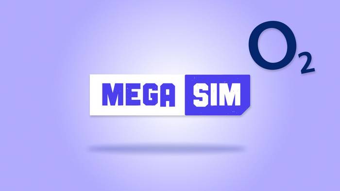 Die Logos von O2 und Mega SIM vor einem lila Hintergrund.