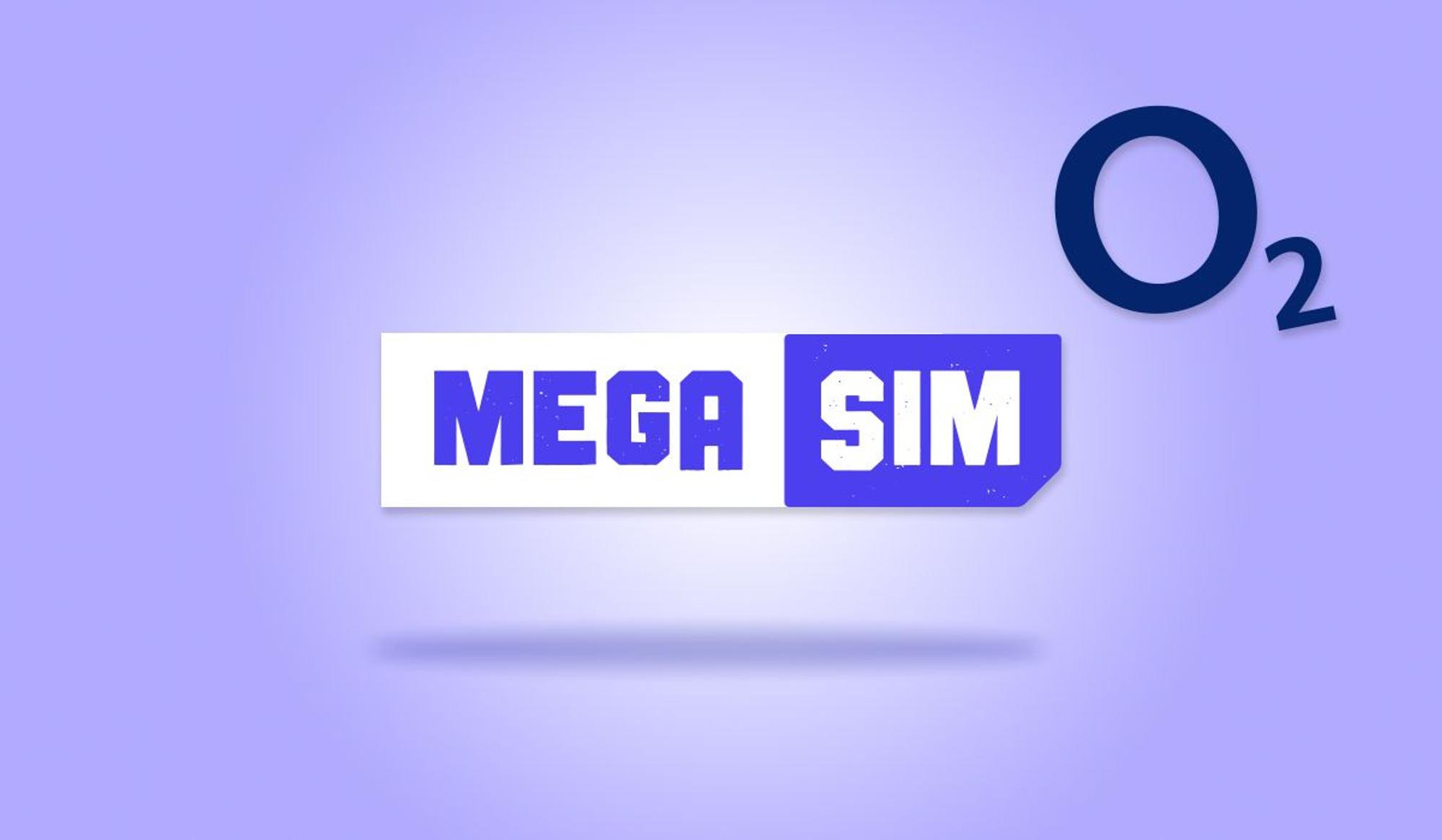 Die Logos von O2 und Mega SIM vor einem lila Hintergrund.
