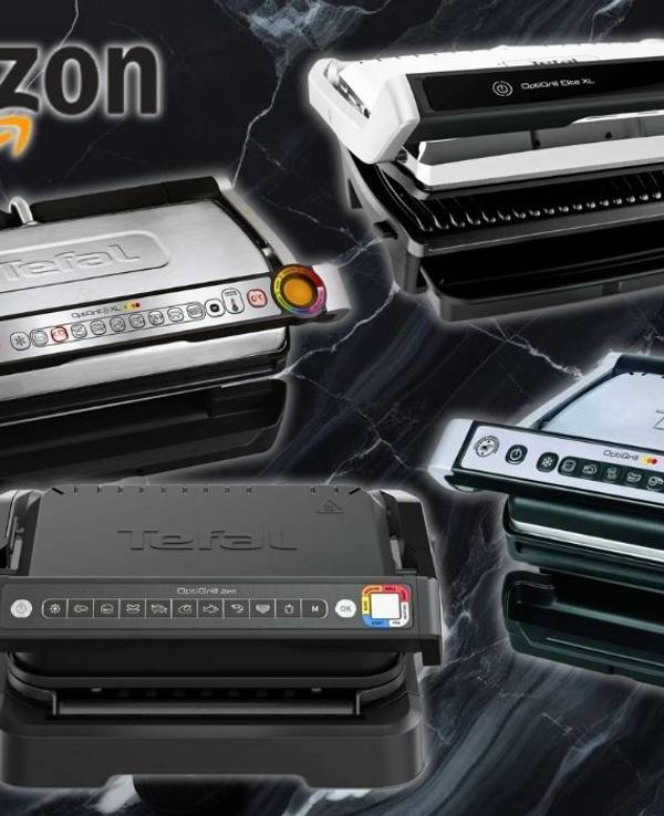Vier verschiedene Modelle des Tefal OptiGrill, die prominent auf einem dunklen Marmorhintergrund platziert sind.